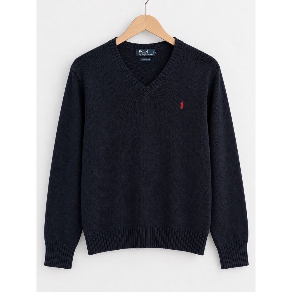 VTG Polo Ralph Lauren Men's Deep Blue V-Neck Sweater Cotton Linen,  sz XL